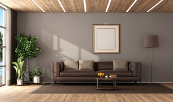 现代生活房间与棕色（的）皮革沙发和领导光木天花板呈现现代生活房间与棕色（的）皮革沙发