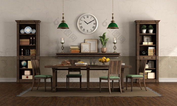 餐厅房间俄罗斯语风格与老木表格与椅子和书柜呈现餐厅房间俄罗斯语风格与木家具