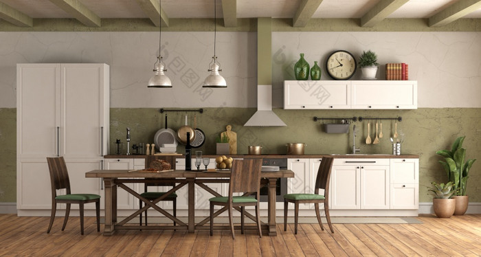 复古的风格厨房与老木餐厅表格椅子和书柜呈现复古的风格厨房与木餐厅表格
