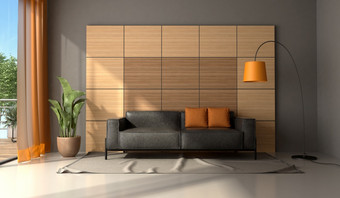 现代生活房间与黑色的皮革沙发对木镶板呈现现代生活房间与黑色的皮革沙发