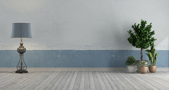 空复古的房间与蓝色的和白色老房间地板上灯和植物呈现空复古的房间与蓝色的和白色老墙