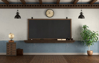 复古的风格空<strong>教室</strong>与黑板上挂老墙呈现复古的风格<strong>教室</strong>与黑板上