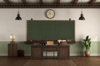 复古的风格空教室与老师rsquo桌子上和<strong>黑板</strong>上挂老墙呈现复古的风格空教室与<strong>黑板</strong>上和桌子上老师rsquo桌子上