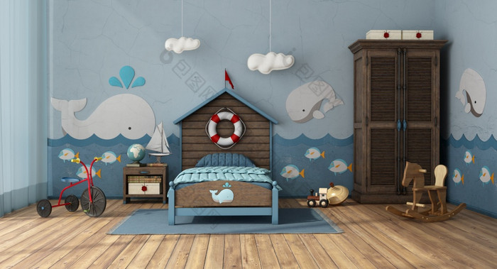 复古的风格孩子们房间海洋风格与单床上和玩具呈现复古的风格孩子们房间海洋风格与玩具