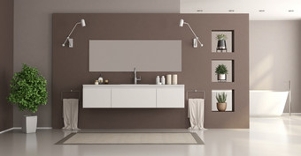 极简主义白色和棕色（的）首页浴室与脸盆和浴缸呈现极简主义白色和棕色（的）首页浴室