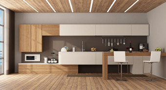 极简主义厨房与半岛凳子和木天花板与领导光呈现极简主义厨房与半岛和凳子