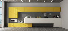 室内视图黄色的现代厨房与木天花板呈现室内视图现代厨房