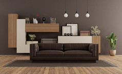 现代生活房间与棕色（的）沙发和书柜backfround呈现现代生活房间与棕色（的）沙发和书柜