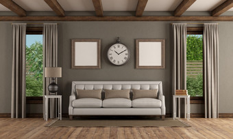 经典风格室内与优雅的沙发和两个木窗户呈现经典风格室内与优雅的沙发