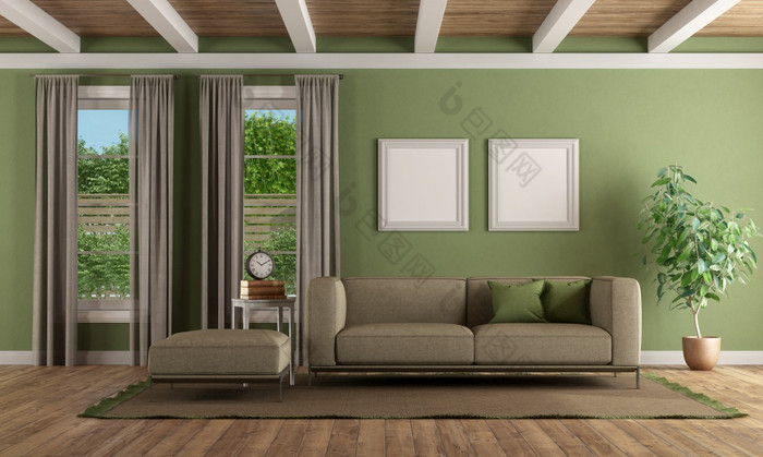 绿色生活房间与现代沙发脚凳和两个窗户呈现绿色生活房间与现代沙发和脚凳