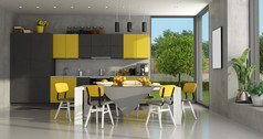 黑色的和黄色的现代厨房与餐厅表格呈现黑色的和黄色的现代厨房