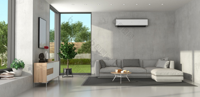 微型生活房间与混凝土墙现代沙发餐具柜和空气护发素微型生活房间与现代家具和空气护发素