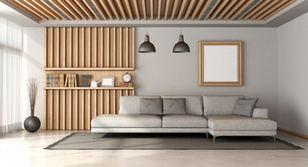 时尚的斯堪的那维亚风格生活房间与大灰色的沙发和木面板与架子上背景呈现时尚的斯堪的那维亚生活房间与大灰色的沙发