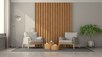 极简主义生活房间与两个扶手椅对木面板咖啡表格和地板上灯呈现极简主义生活房间与两个扶手椅对木面板