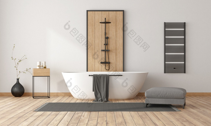 极简主义浴室与浴缸和淋浴装饰木面板和黑色的散热器呈现极简主义浴室与浴缸和淋浴