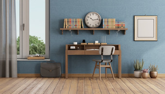复古的风格首页办公室与小木桌子上椅子和架子上与书呈现复古的风格首页办公室与小木桌子上