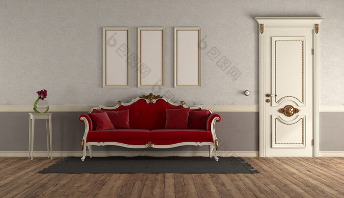 复古的风格生活房间与优雅的红色的沙发和经典door-d呈现复古的风格生活房间与红色的沙发