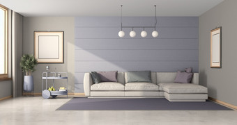 生活房间与<strong>白色沙发</strong>对紫色的墙和酒吧电车呈现紫色的和灰色的生活房间与<strong>白色沙发</strong>