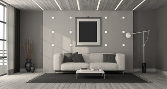 黑色的和白色极简主义生活房间与<strong>现代沙发</strong>咖啡表格和领导光天花板呈现黑色的和白色极简主义生活房间