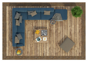 前视图现代蓝色的沙发和咖啡表格甲板地板上孤立的白色呈现前视图现代沙发甲板地板上孤立的白色