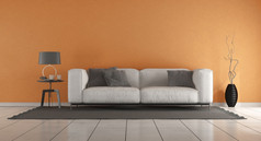 生活房间与橙色墙和白色沙发黑色的地毯呈现生活房间与橙色墙和现代沙发