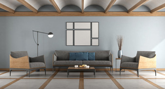 蓝色的现代生活房间与沙发扶手椅和水泥和木地板上呈现蓝色的现代生活房间与沙发和扶手椅