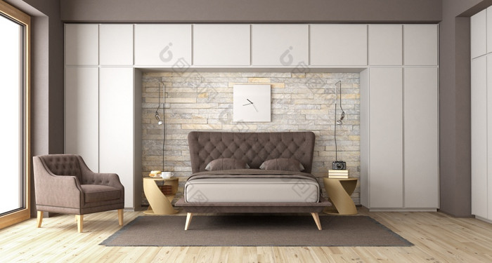 白色和棕色（的）现代卧室与双床上扶手椅和大衣柜呈现现代卧室与双床上和衣柜