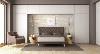 白色和棕色（的）现代卧室与双床上扶手椅和大衣<strong>柜</strong>呈现现代卧室与双床上和衣<strong>柜</strong>