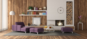 wodden房间与白色壁炉紫色的一种轻马车休息室和脚凳呈现wodden房间与白色壁炉和紫色的家具