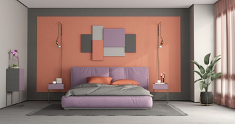 色彩斑斓的卧室与现代双床上和装饰框架墙呈现色彩斑斓的主卧室与现代双床上