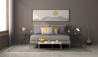 极简主义卧室与双床上对棕色（的）墙和框架与压花装饰呈现极简主义主卧室与现代双床上