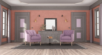 经典风格生活房间与紫色的扶手椅餐具柜和两个门背景呈现经典风格生活房间与紫色的扶手椅