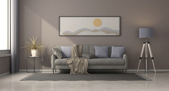 极简主义生活房间与<strong>现代沙发</strong>对棕色（的）墙和框架与压花装饰渲染极简主义生活房间与优雅的灰色的沙发和紫色的缓冲