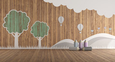 游戏室与木墙装饰与树云山和织物铅笔的地板上呈现空游戏室与压花装饰木墙