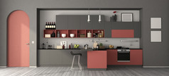 现代厨房与半岛与无框架拱形通过呈现粉红色的和灰色的厨房与无框架拱形通过