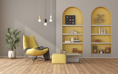 黄色的和灰色的现代生活房间与扶手椅和两个利基市场与货架上呈现黄色的和灰色的现代生活房间