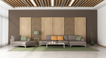 现代生活房间与沙发和一种轻马车休息室对木<strong>面板</strong>呈现大生活房间与沙发对木<strong>面板</strong>