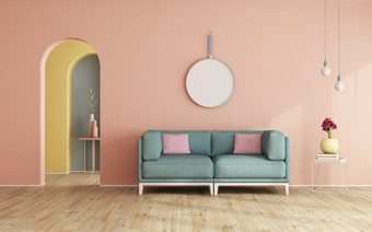 极简主义生活房间室内与沙发与拱门和利基市场背景:呈现极简主义生活房间室内与沙发柔和的颜色墙和拱门