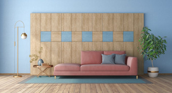 现代生活房间与粉红色的沙发和装饰木面板呈现现代生活房间与粉红色的沙发和木面板