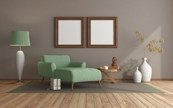 现代生活房间与绿色一种轻马车休息室棕色（的）墙和硬木地板上呈现海报模型现代生活房间