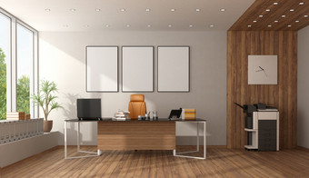 现代办公室与桌子上椅子影印机和木镶板呈现现代办公室与桌子上椅子和影印机
