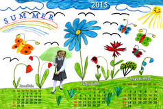 五彩缤纷的画与蝴蝶而且花而且女学生与夏天日历
