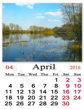 日历为4月与图像春天<strong>洪水</strong>美丽的日历为4月的背景春天<strong>洪水</strong>