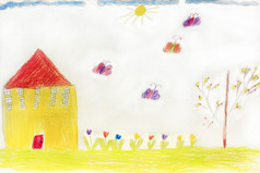 五彩缤纷的孩子们amp画与房子蝴蝶而且花