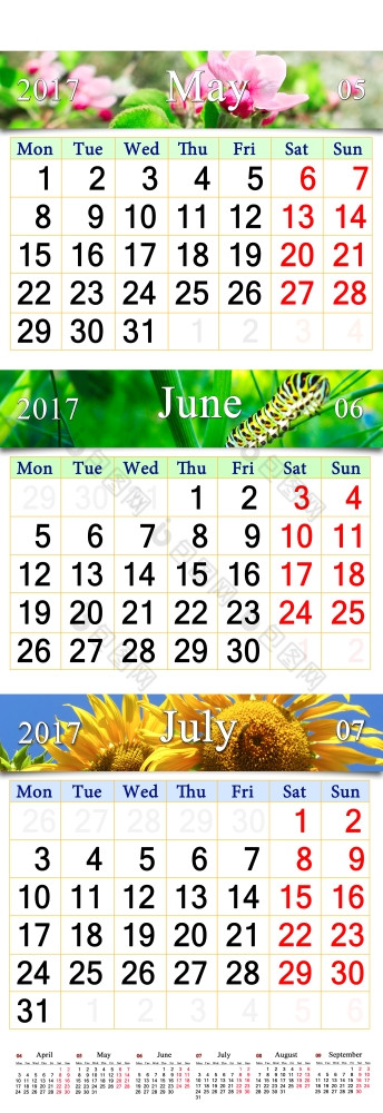 日历为五月6月7月与图片办公室日历为三个个月五月6月和7月与图片自然