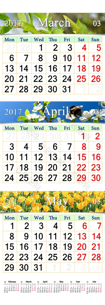 日历为3月4月和五月与图片办公室日历为3月4月和五月与图片自然