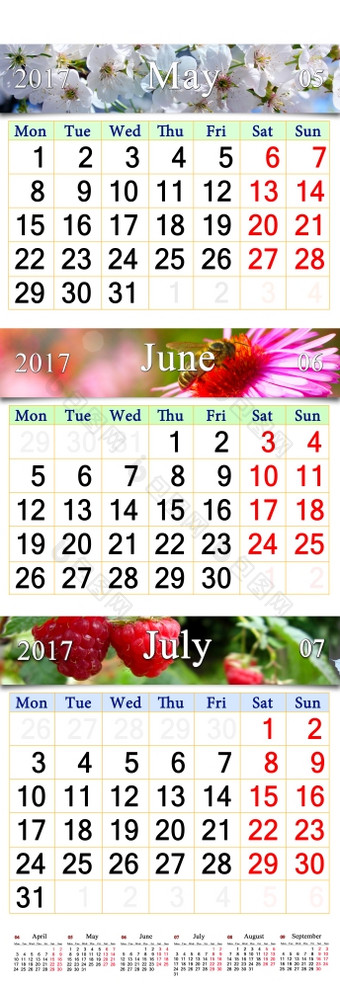 日历为五月6月7月与图片办公室日历为三个个月五月6月和7月与图片花蜜蜂和树莓