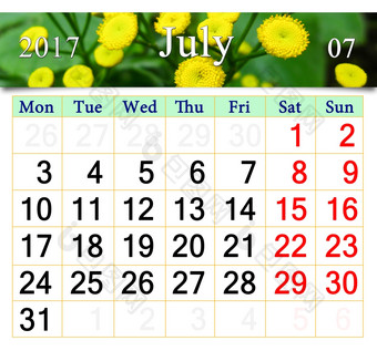 日历为7月与黄色的camomiles日历为7月与丝带黄色的camomiles