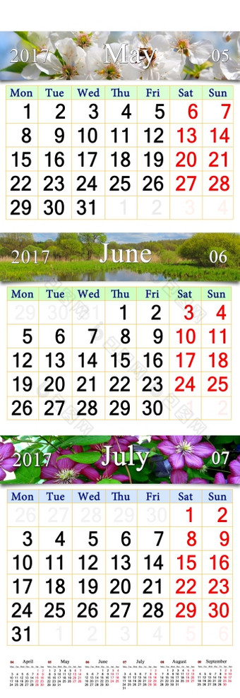 日历为五月6月7月与<strong>图</strong>片日历为三个个月五月6月和7月与<strong>图</strong>片樱桃树花夏天景观和铁线莲