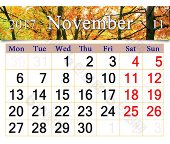 日历为11月与黄色的秋天的公园日历为11月与的丝带黄色的叶子的公园